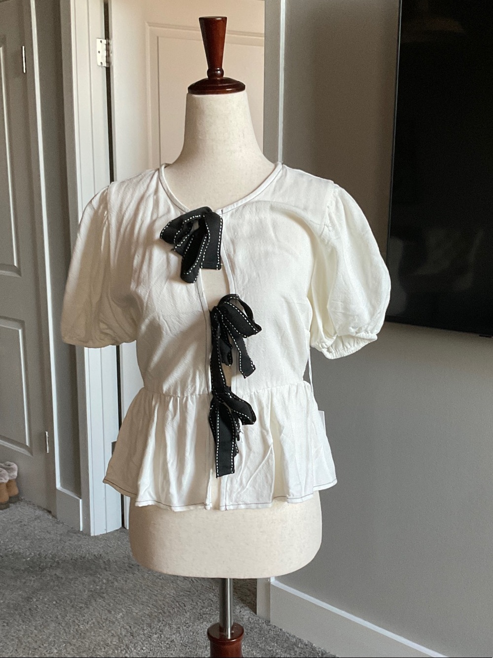 Sienna Sky White Peplum Blouse with Black Ribbon Bows